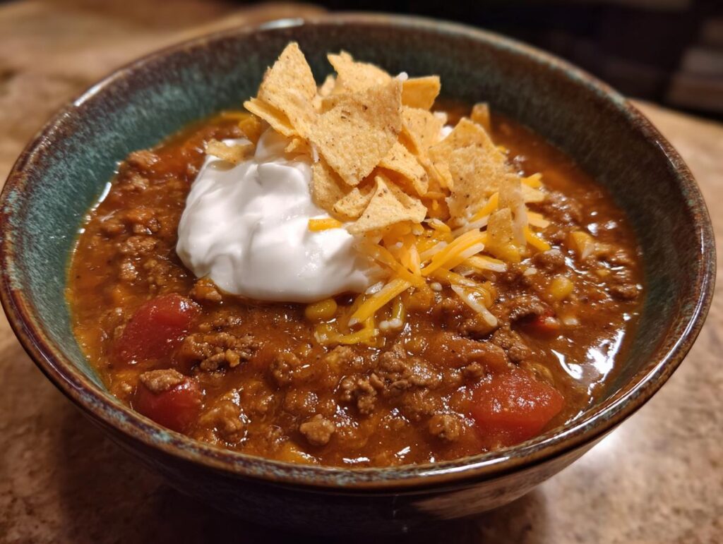 A hearty bowl of creamy taco soup topped with sour cream, shredded cheese, and tortilla chips.