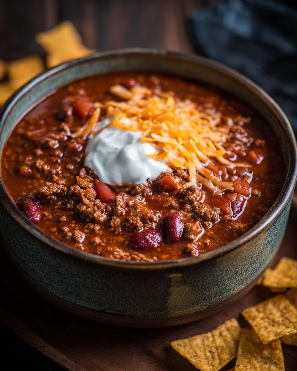 A bowl of hearty creamy taco soup with ground beef, beans, topped with sour cream and shredded cheese, served with tortilla chips.