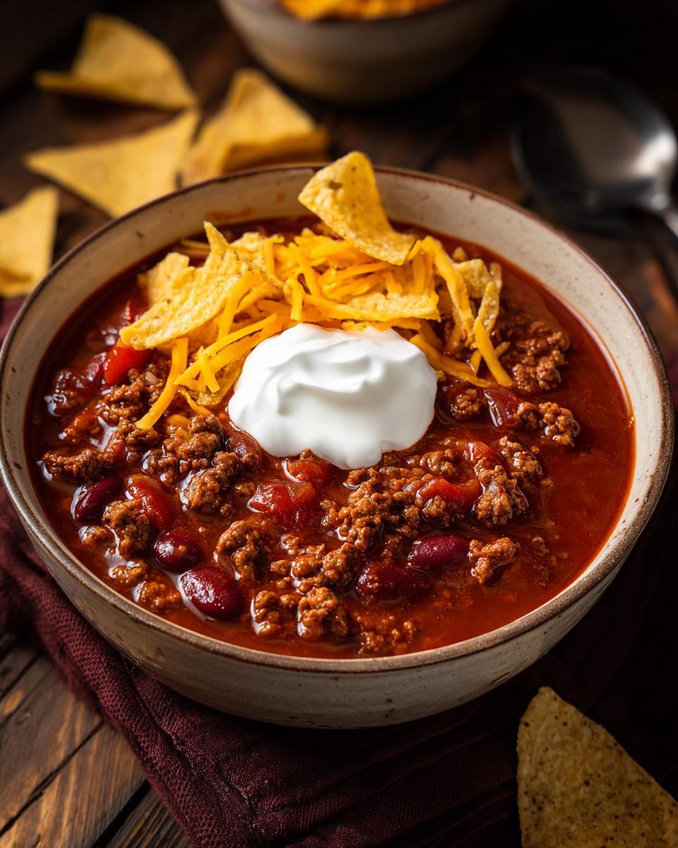 A hearty bowl of creamy taco soup topped with shredded cheese, tortilla chips, and a dollop of sour cream.