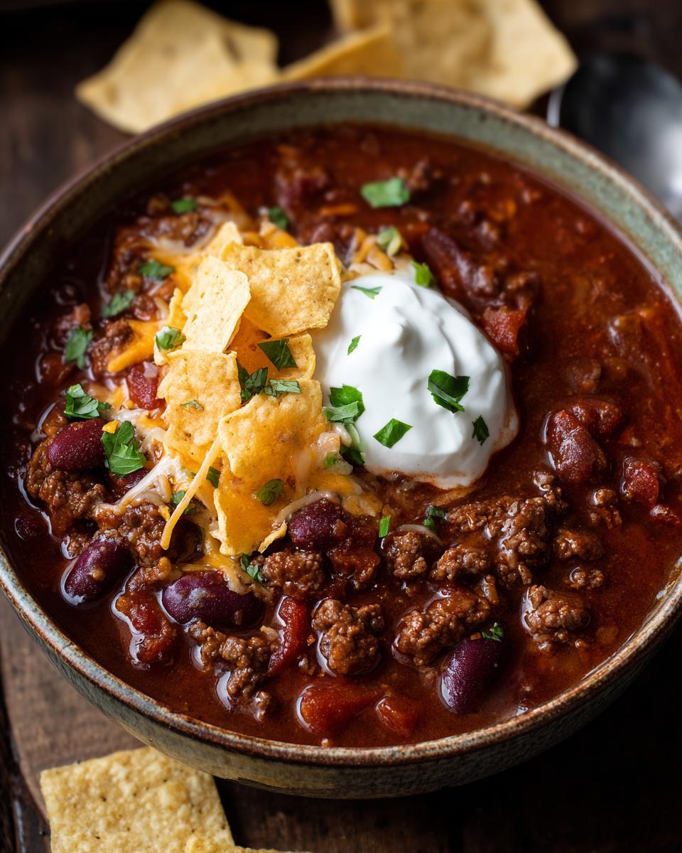 A hearty bowl of Creamy Taco Soup topped with sour cream, shredded cheese, tortilla chips, and cilantro.