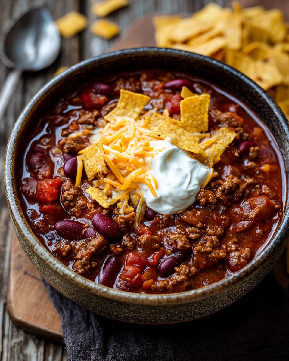 A hearty bowl of creamy taco soup topped with shredded cheese, sour cream, and tortilla chips.