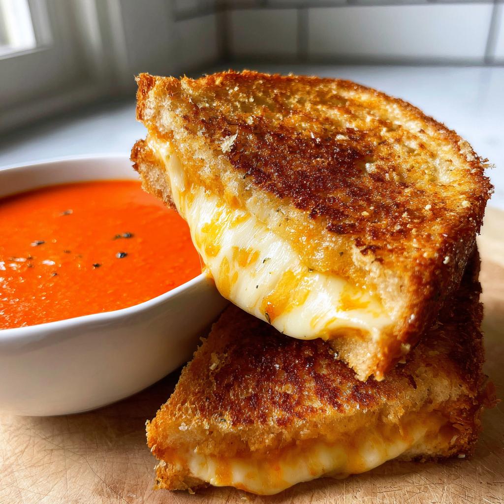 A bowl of creamy tomato basil soup next to a stack of gooey, golden-brown grilled cheese sandwiches.