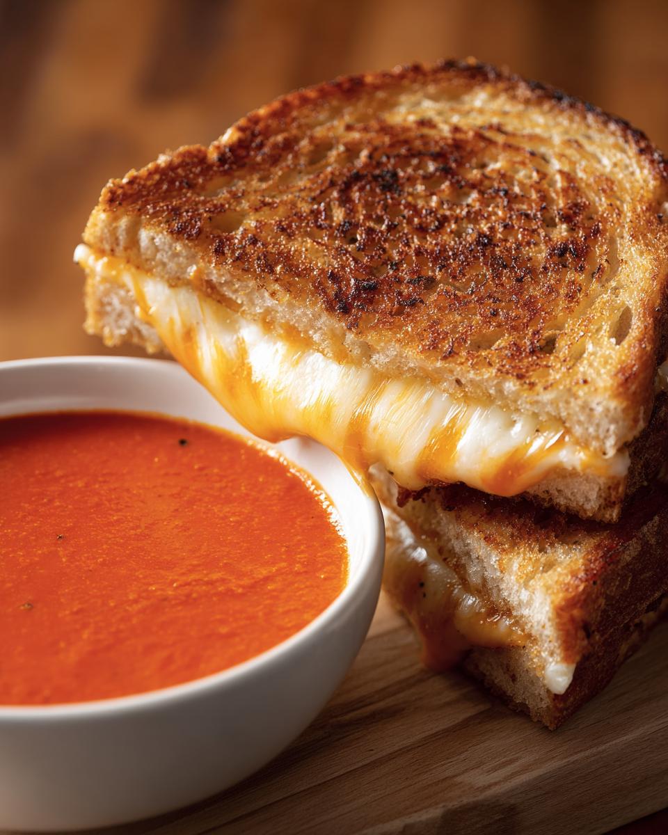 A perfectly grilled cheese sandwich with melted cheese oozing out, next to a bowl of creamy tomato basil soup.