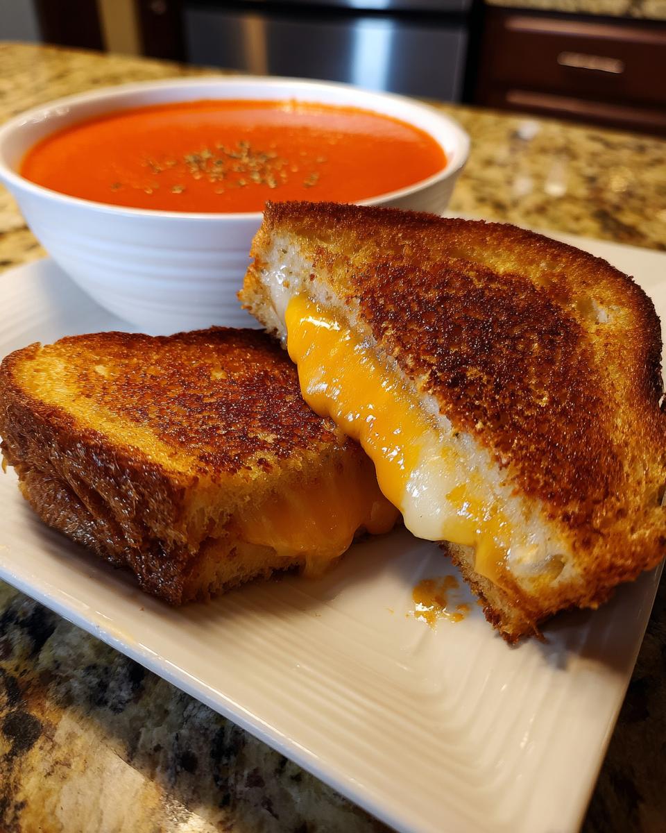 A bowl of creamy tomato basil soup sits behind a perfectly grilled cheese sandwich, oozing with melted cheese.