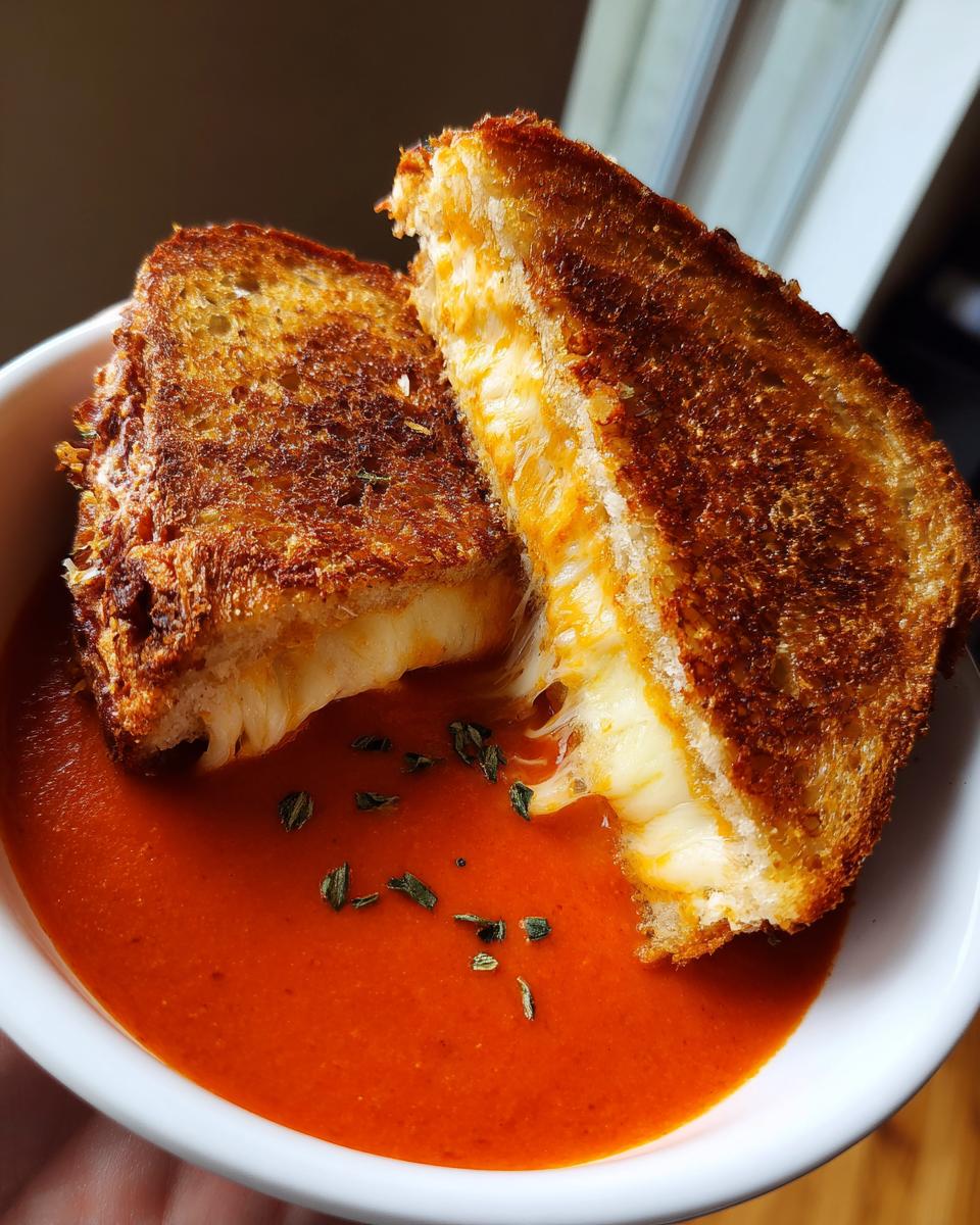 A close-up of a grilled cheese sandwich cut in half, with melted cheese oozing out, served in a bowl of creamy tomato basil soup.