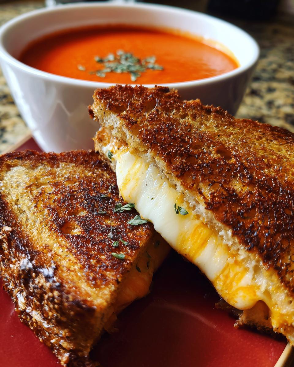A close-up of a perfectly grilled cheese sandwich cut in half, revealing melted cheese, next to a bowl of creamy tomato basil soup.