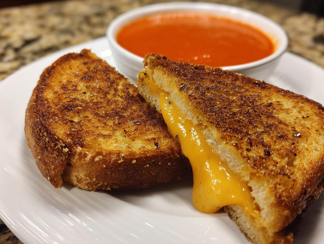 A perfectly grilled cheese sandwich, cut in half, with melted cheese oozing out, served with a bowl of creamy tomato basil soup.