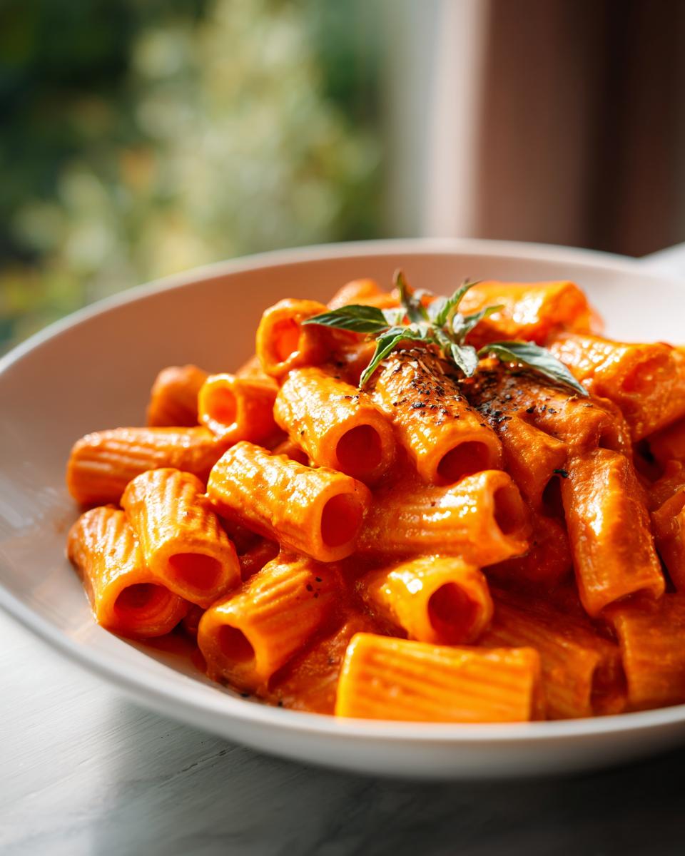 Close-up of a bowl of creamy tomato rigatoni pasta, garnished with basil and black pepper.