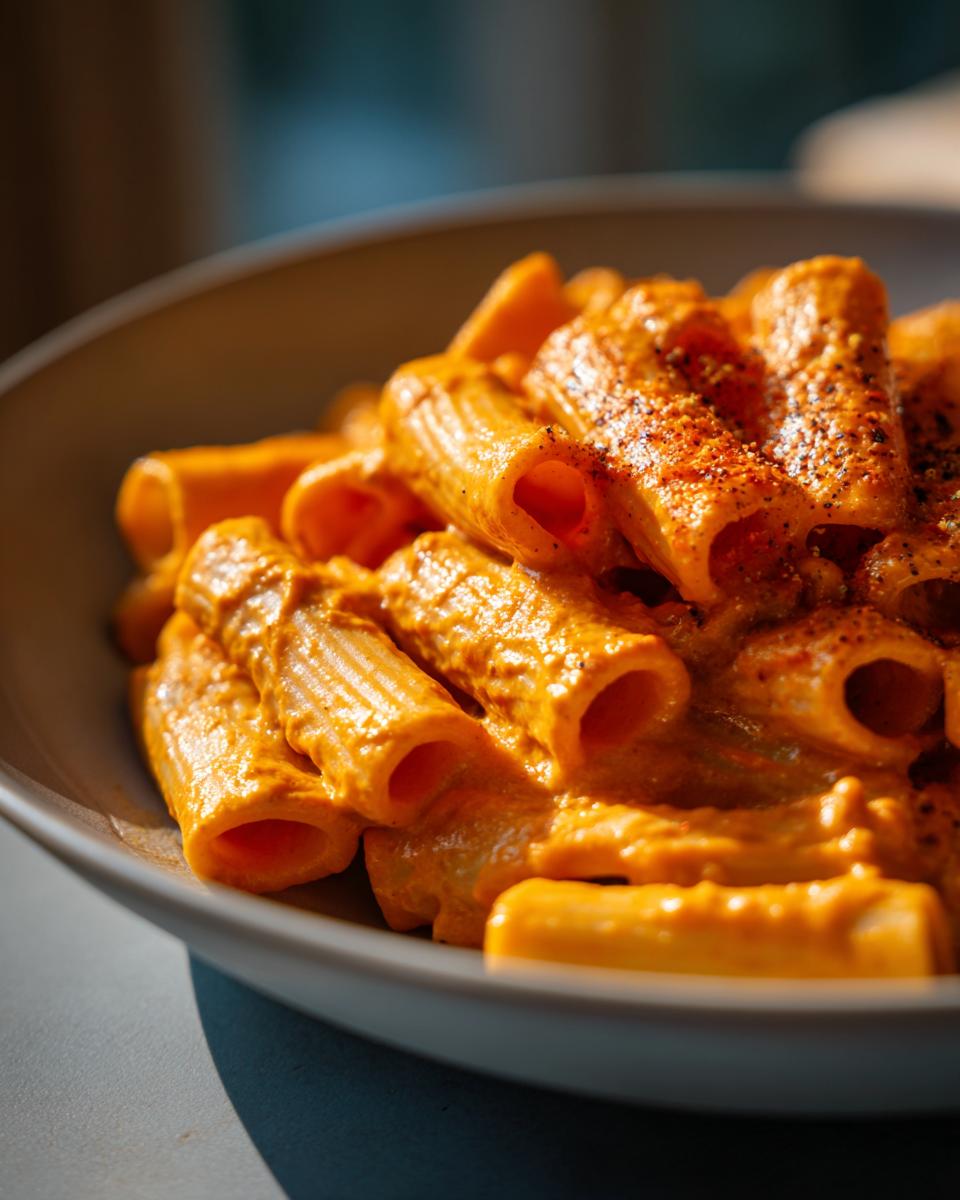Close-up of rigatoni pasta coated in a rich, creamy tomato sauce, seasoned with spices.