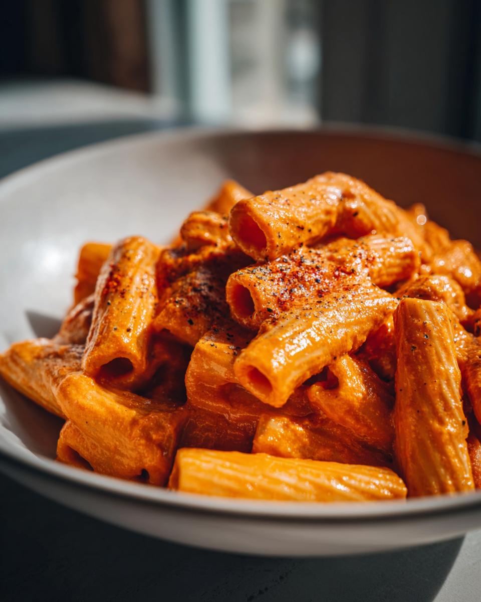 Close-up of creamy tomato rigatoni pasta in a white bowl, seasoned with black pepper.