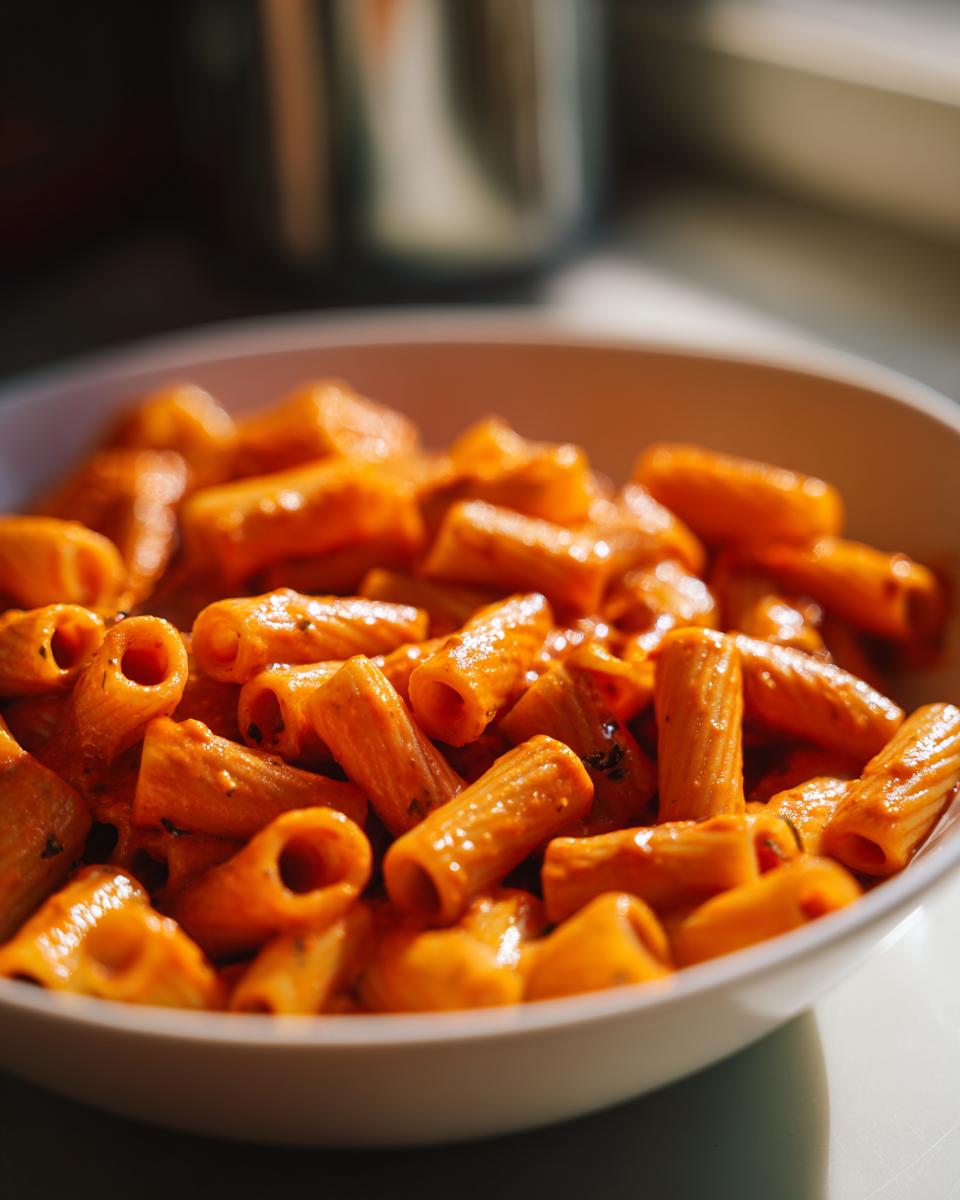 Close-up of a bowl filled with rigatoni pasta coated in a rich, creamy tomato sauce.