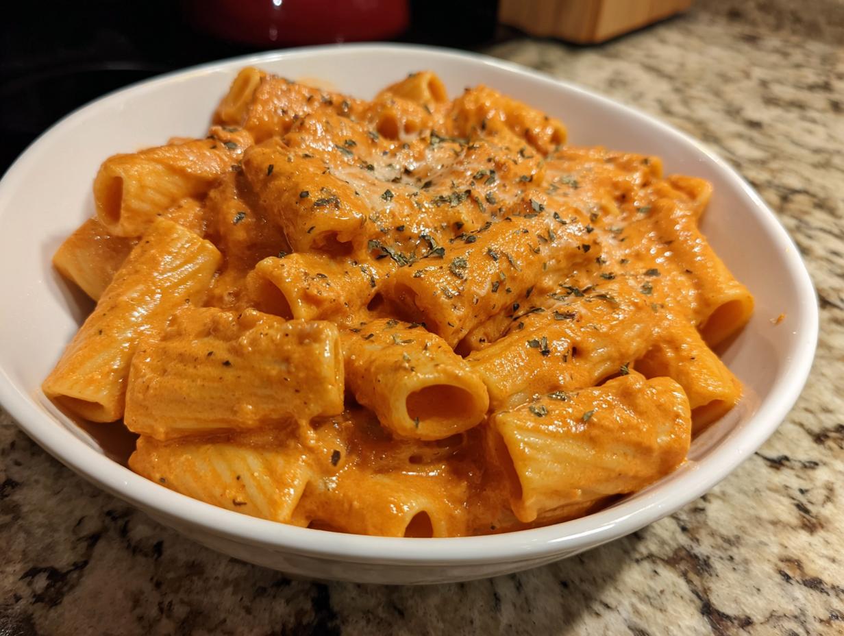 A bowl of creamy tomato rigatoni pasta, garnished with dried herbs. Perfect for quick pasta recipes.