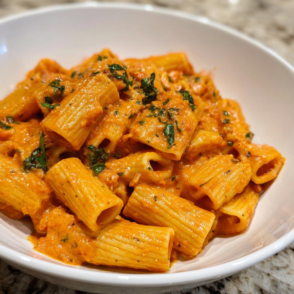 A bowl of creamy tomato rigatoni pasta, garnished with fresh herbs. Perfect for pasta recipes with creamy tomato rigatoni.