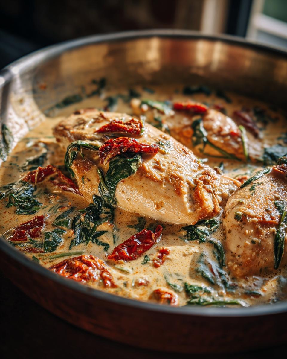 Close-up of Creamy Tuscan Chicken in a pan with sun-dried tomatoes and spinach.