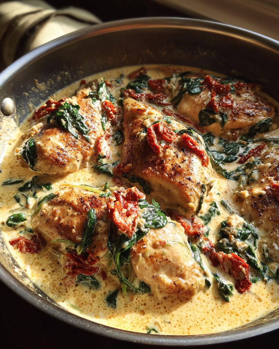 Close-up of pan-seared chicken breasts in a creamy Tuscan sauce with spinach and sun-dried tomatoes.