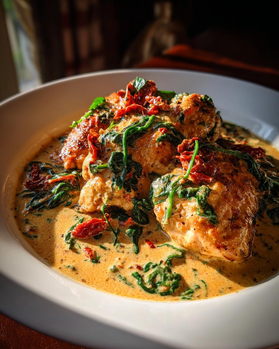 Close-up of Creamy Tuscan Chicken with sun-dried tomatoes and spinach in a rich sauce.