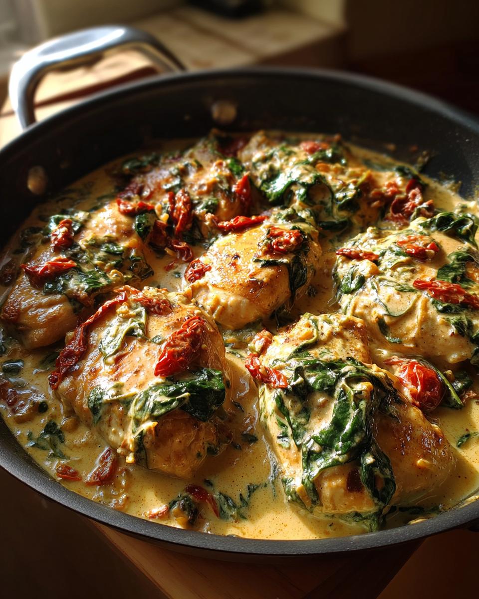 Close-up of creamy Tuscan chicken with spinach and sun-dried tomatoes in a skillet, perfect for easy dinner recipes.