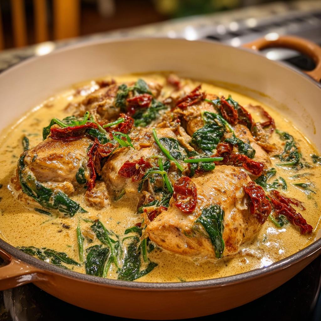 Close-up of Creamy Tuscan Chicken with sun-dried tomatoes and spinach in a skillet.