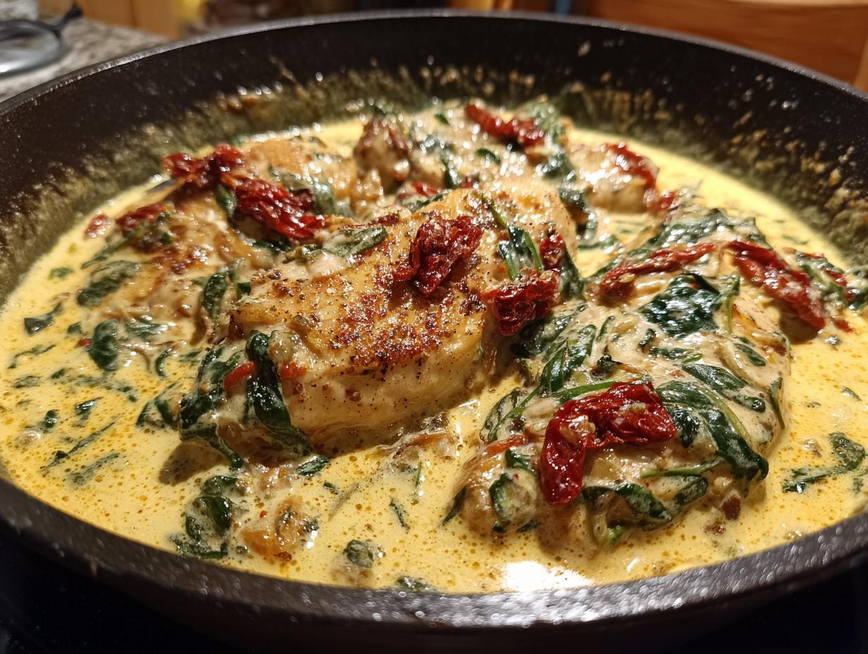 Close-up of pan-seared chicken breasts in a creamy Tuscan sauce with spinach and sun-dried tomatoes.