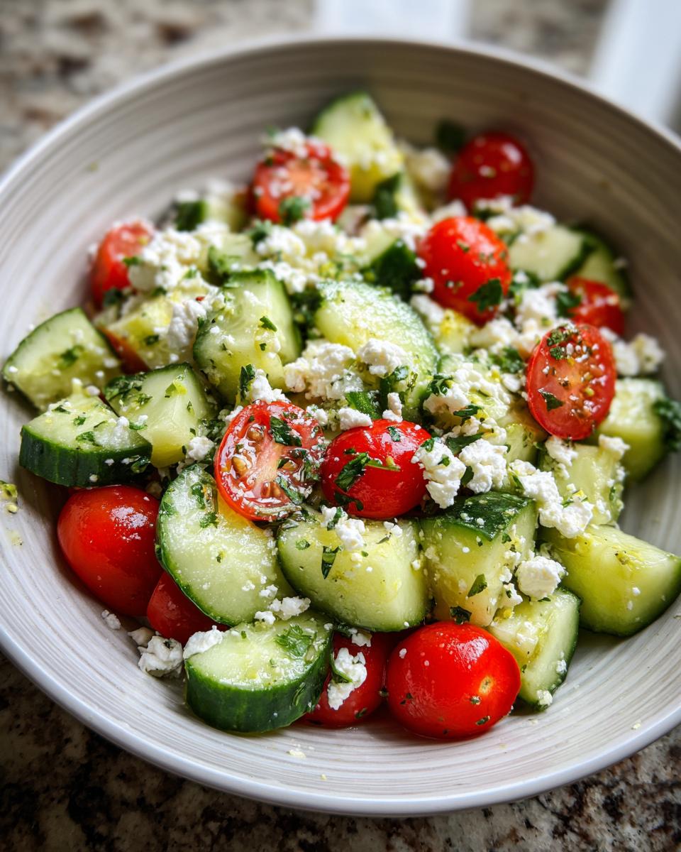 Close-up of a refreshing summer salad with cucumber, cherry tomatoes, feta cheese, and herbs.