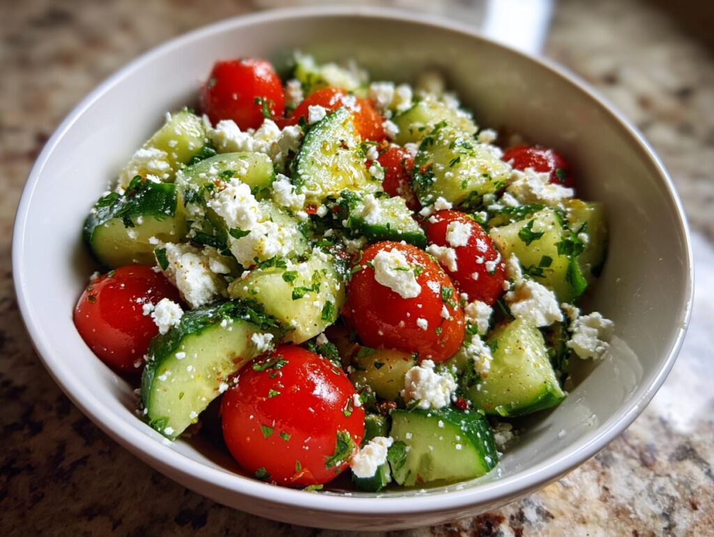 Close-up of a refreshing summer salad with cucumber, tomato, and feta cheese, perfect for cookouts.