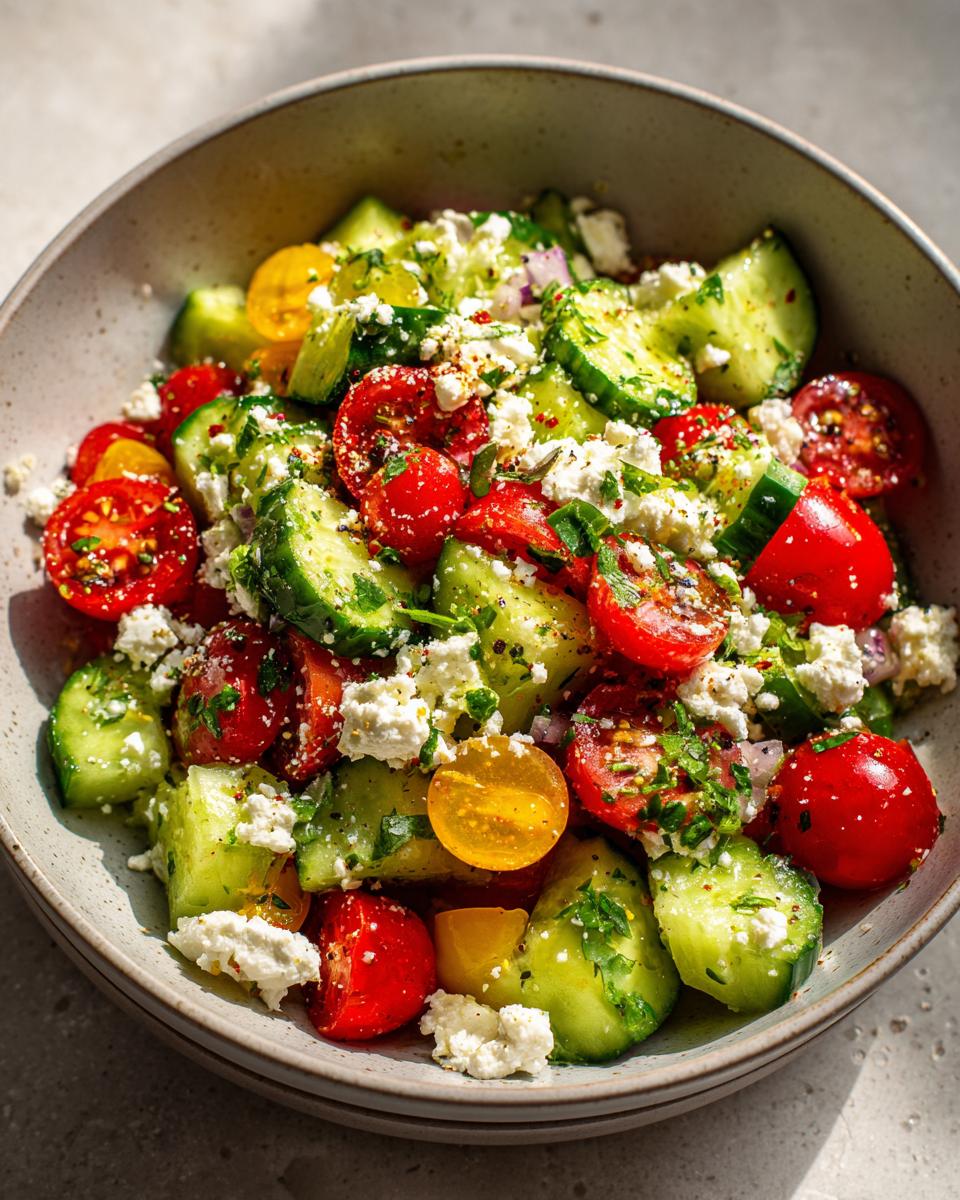 A refreshing Summer Salad with cucumber, cherry tomatoes, feta cheese, and herbs, perfect for cookouts.