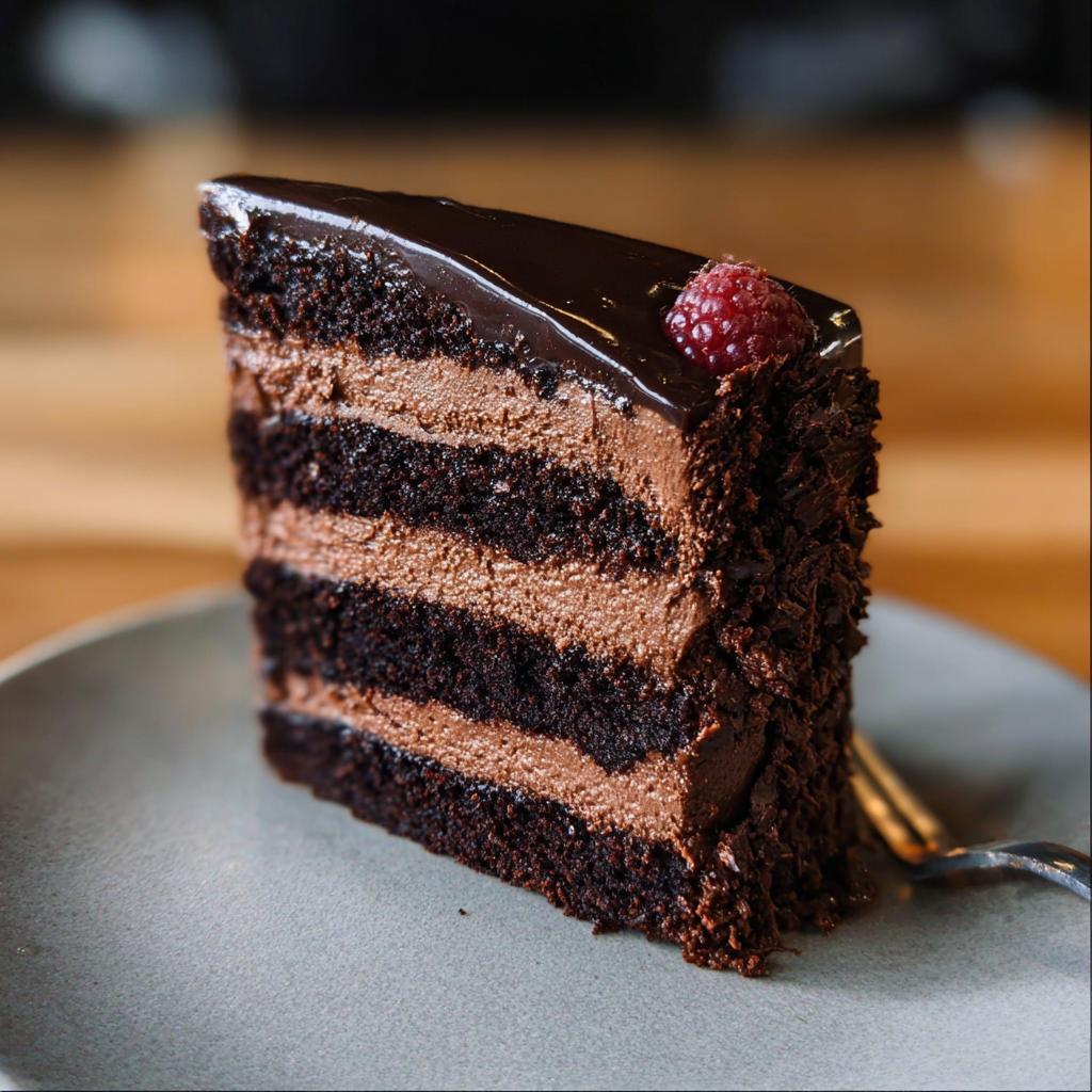 A decadent slice of Dark Chocolate Mousse Cake with layers of rich chocolate cake and creamy mousse, topped with a raspberry.