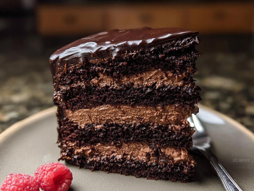 A decadent slice of Dark Chocolate Mousse Cake with rich chocolate layers and creamy mousse filling.