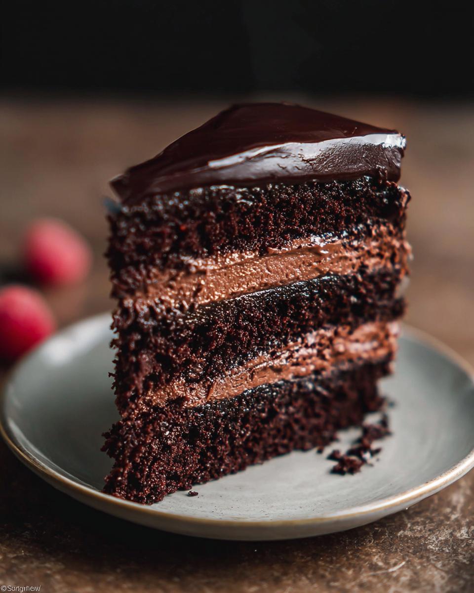 A rich slice of Dark Chocolate Mousse Cake with layers of chocolate cake and mousse, topped with chocolate ganache.