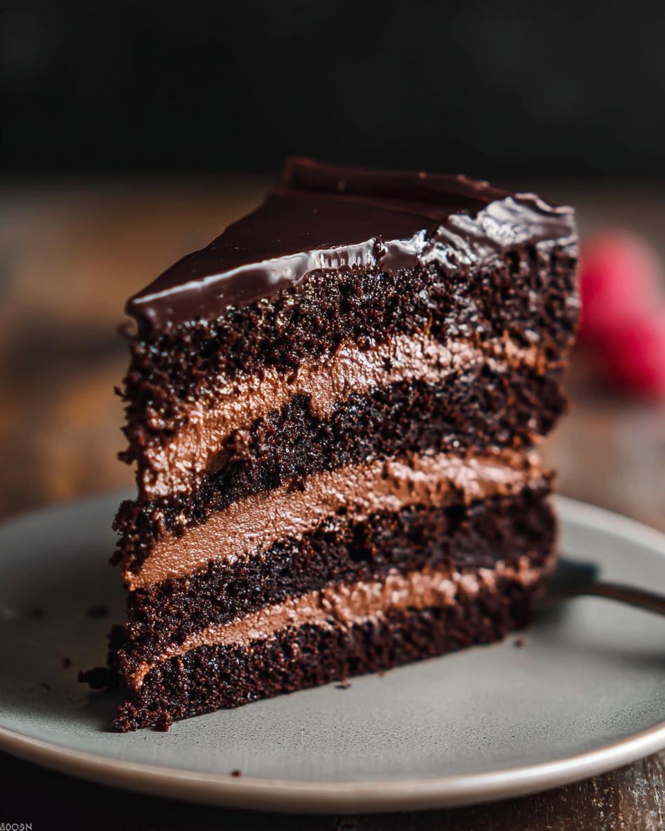 A rich slice of Dark Chocolate Mousse Cake with layers of chocolate cake and mousse, topped with glossy chocolate ganache.