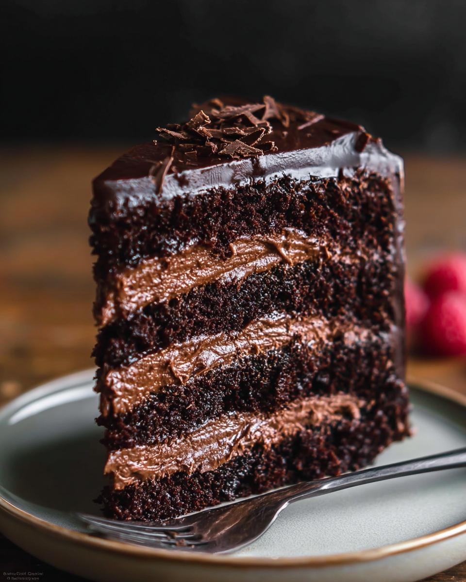A decadent slice of Dark Chocolate Mousse Cake with rich chocolate layers and frosting, topped with chocolate shavings.