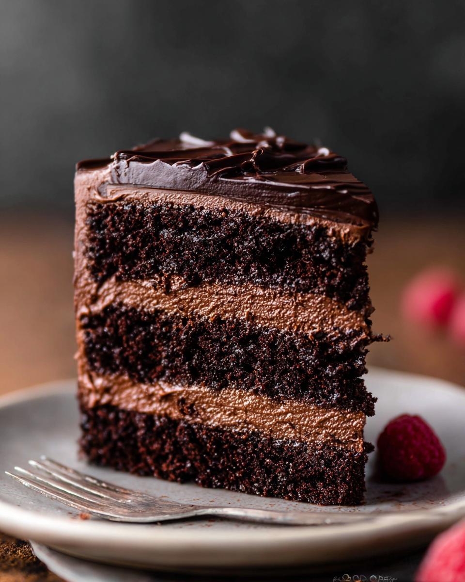 A rich slice of Dark Chocolate Mousse Cake with layers of chocolate cake and mousse, topped with chocolate ganache.