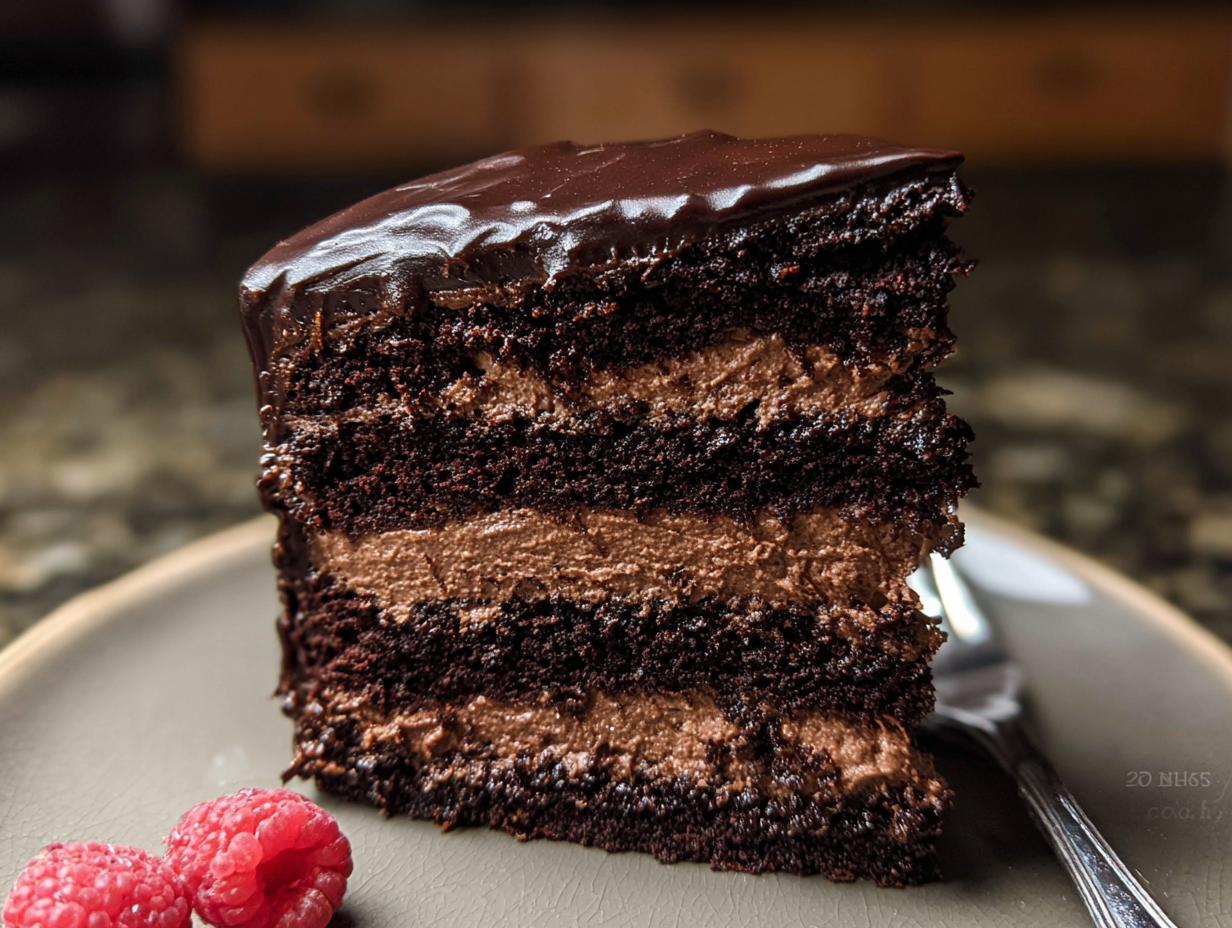 A decadent slice of Dark Chocolate Mousse Cake with rich chocolate layers and creamy mousse filling.
