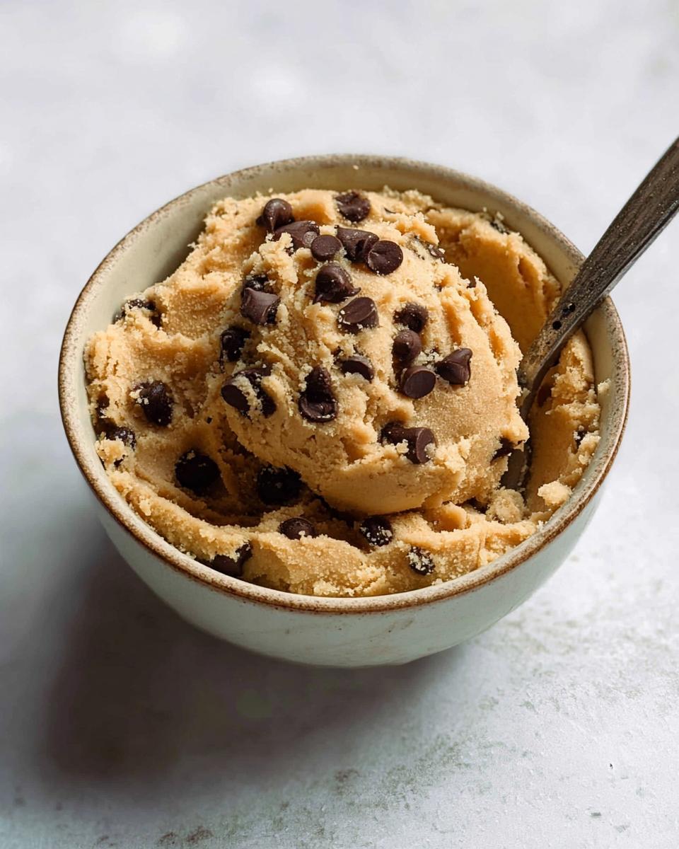 A bowl overflowing with delicious protein cookie dough studded with chocolate chips, with a spoon resting in it.