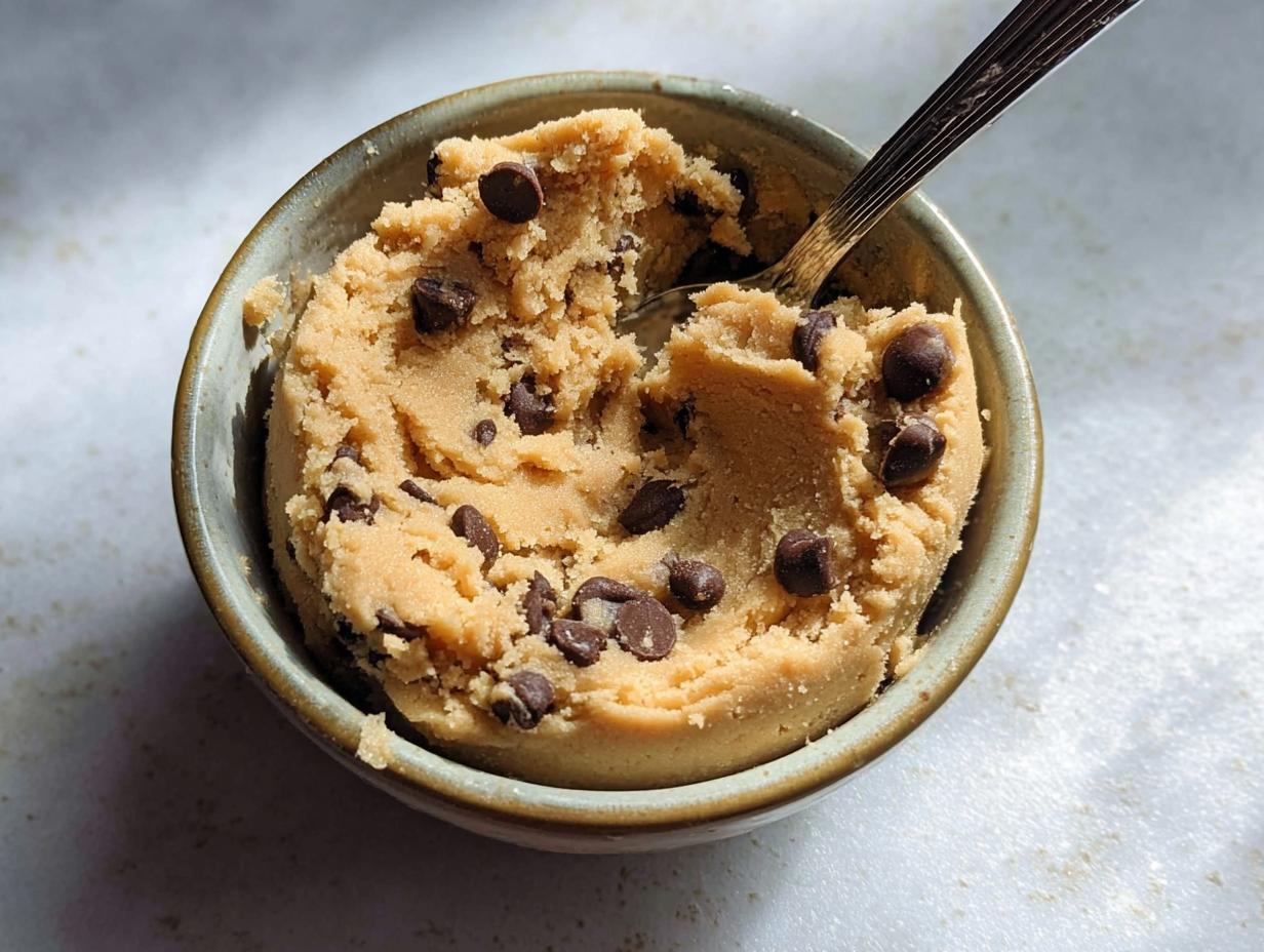 A close-up shot of delicious protein cookie dough with chocolate chips in a bowl, ready to be eaten with a spoon.