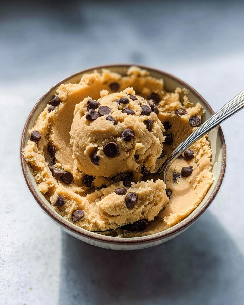 A bowl of delicious protein cookie dough loaded with chocolate chips, with a scoop on a spoon.