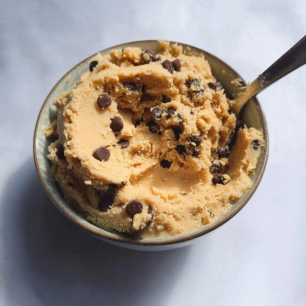 A bowl of delicious protein cookie dough loaded with chocolate chips, with a spoon inside.
