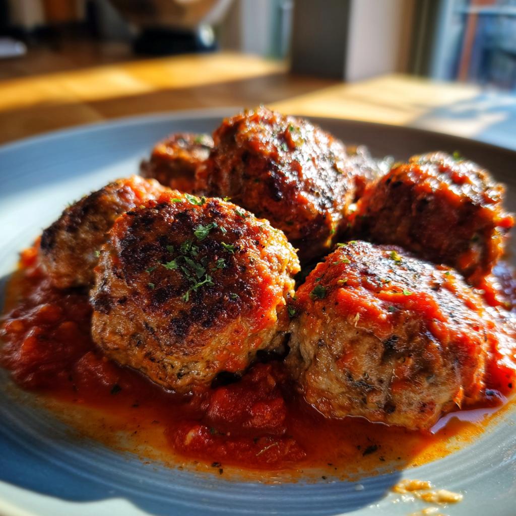 Close-up of delicious baked meatballs in a rich tomato sauce, seasoned with herbs. Perfect for easy dinner recipes.