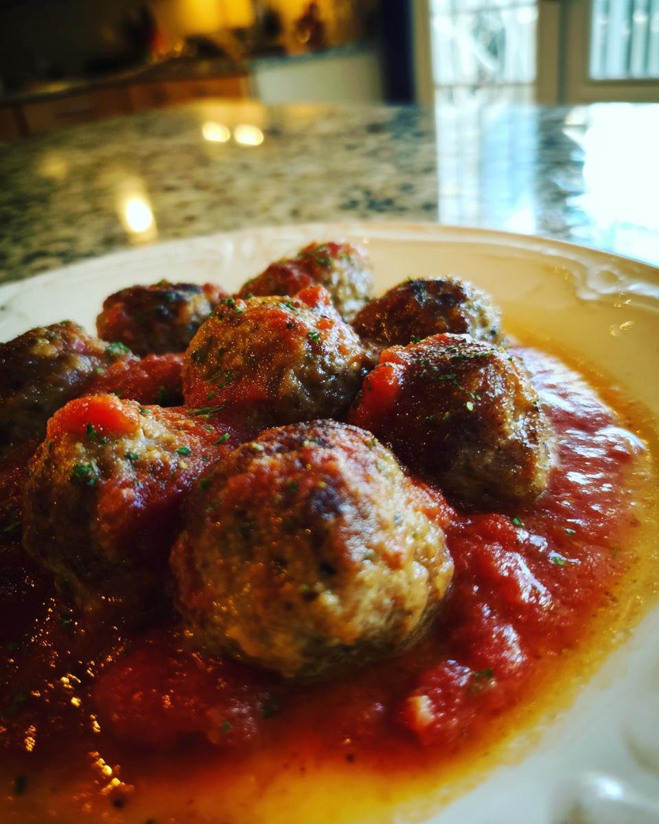 Close-up of baked meatballs in a rich tomato sauce, sprinkled with herbs, perfect for easy dinner recipes.