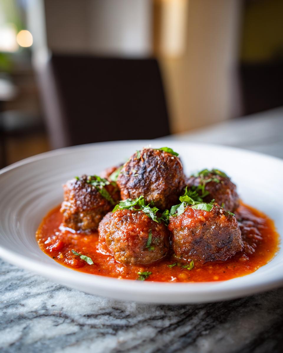 Close-up of delicious baked meatballs in a rich tomato sauce, garnished with fresh herbs.