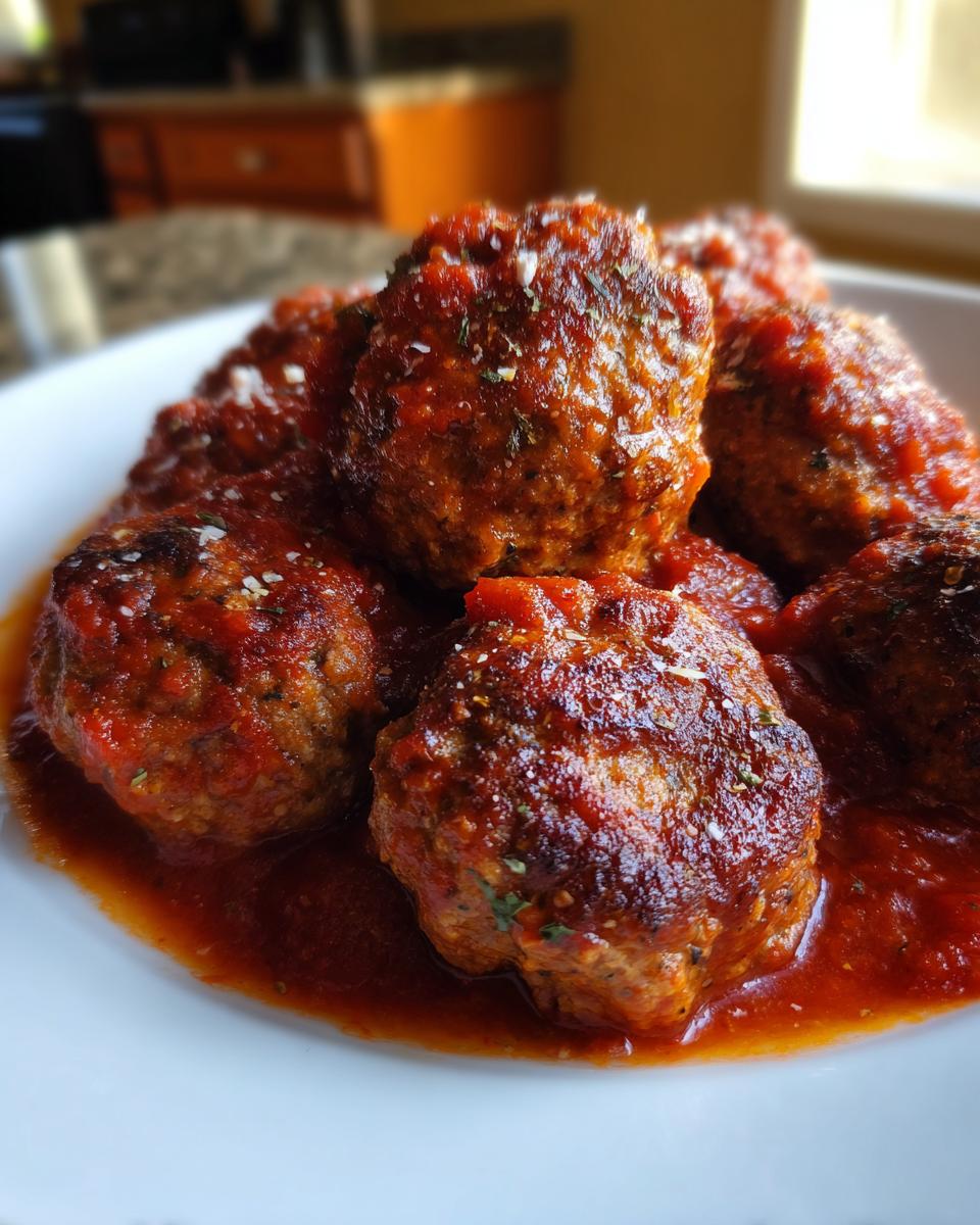 A close-up of delicious baked meatballs covered in rich tomato sauce, sprinkled with herbs and cheese.