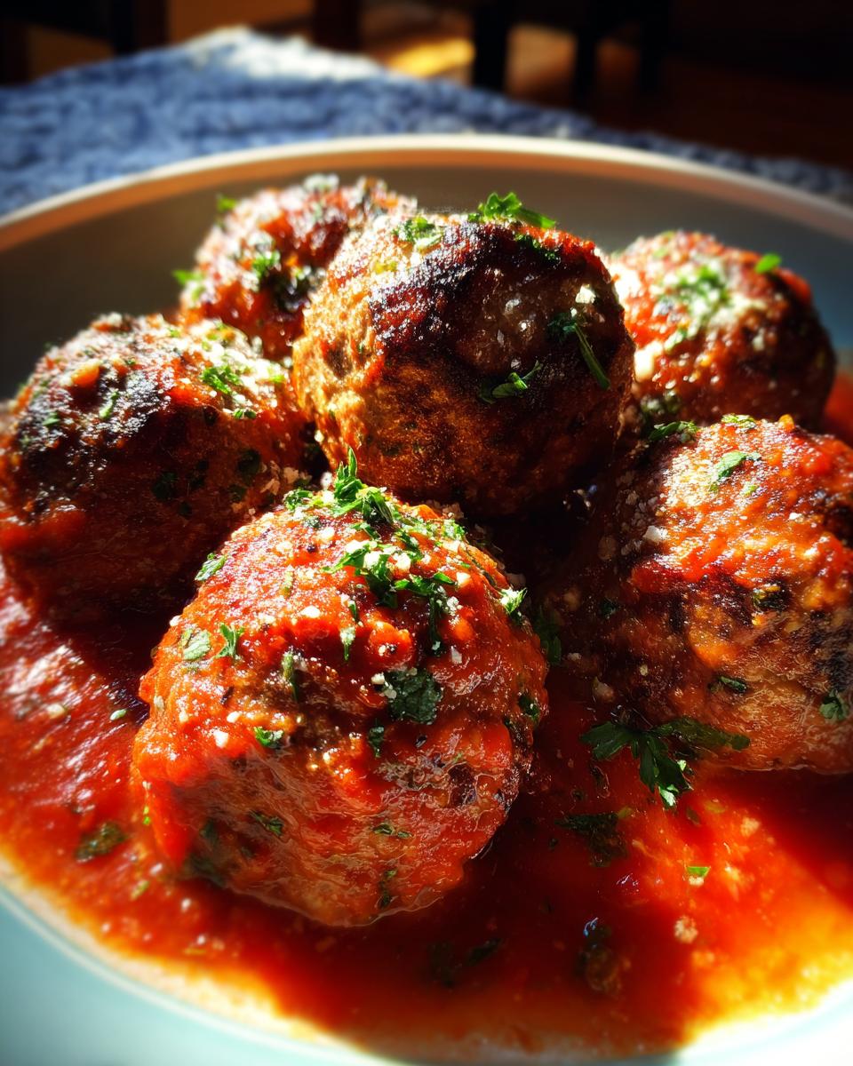 Close-up of delicious baked meatballs in a rich tomato sauce, sprinkled with fresh parsley.