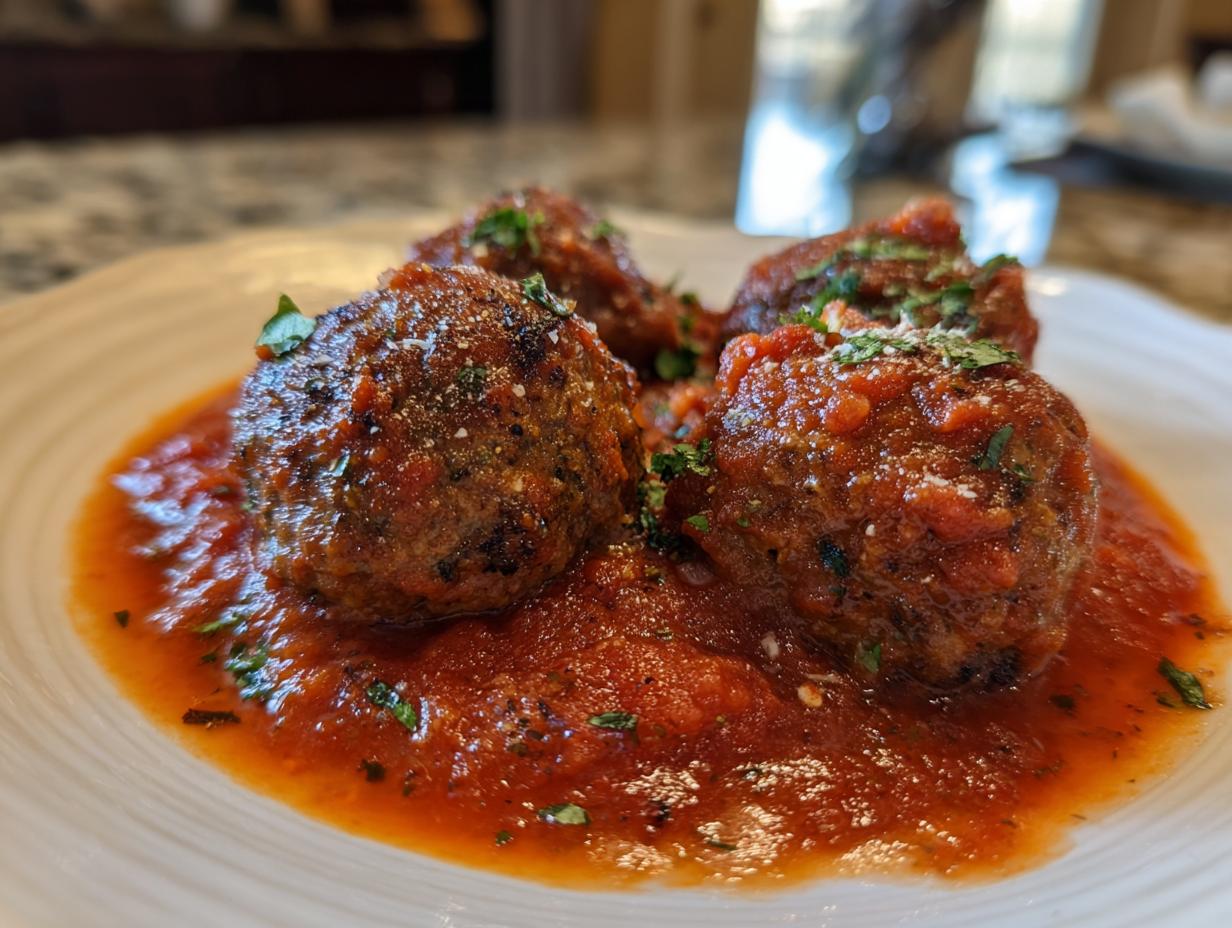 Close-up of juicy baked meatballs covered in rich tomato sauce and sprinkled with herbs and cheese.