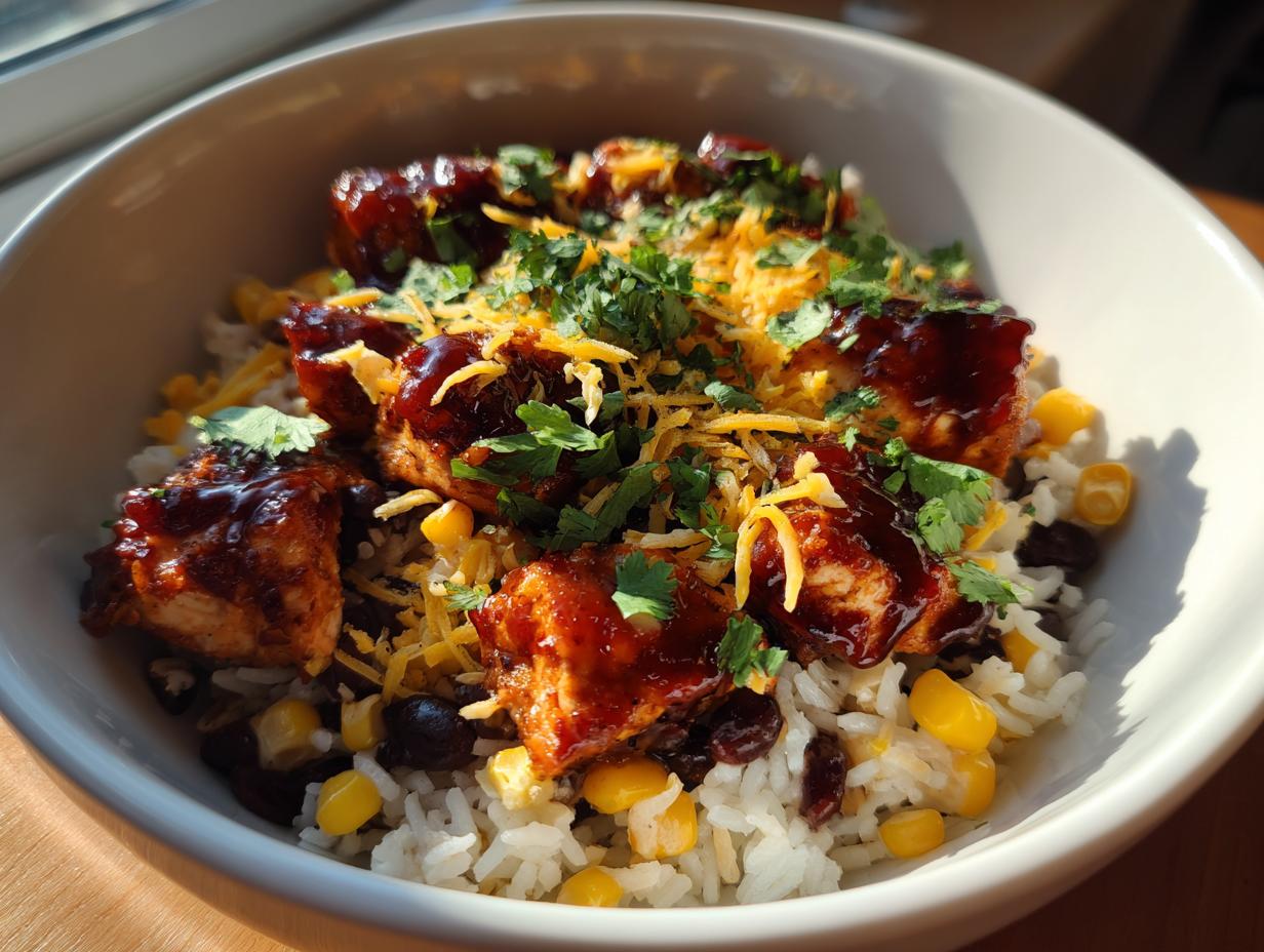 A close-up of an easy dinner BBQ chicken bowl with rice, black beans, corn, shredded cheese, and cilantro.