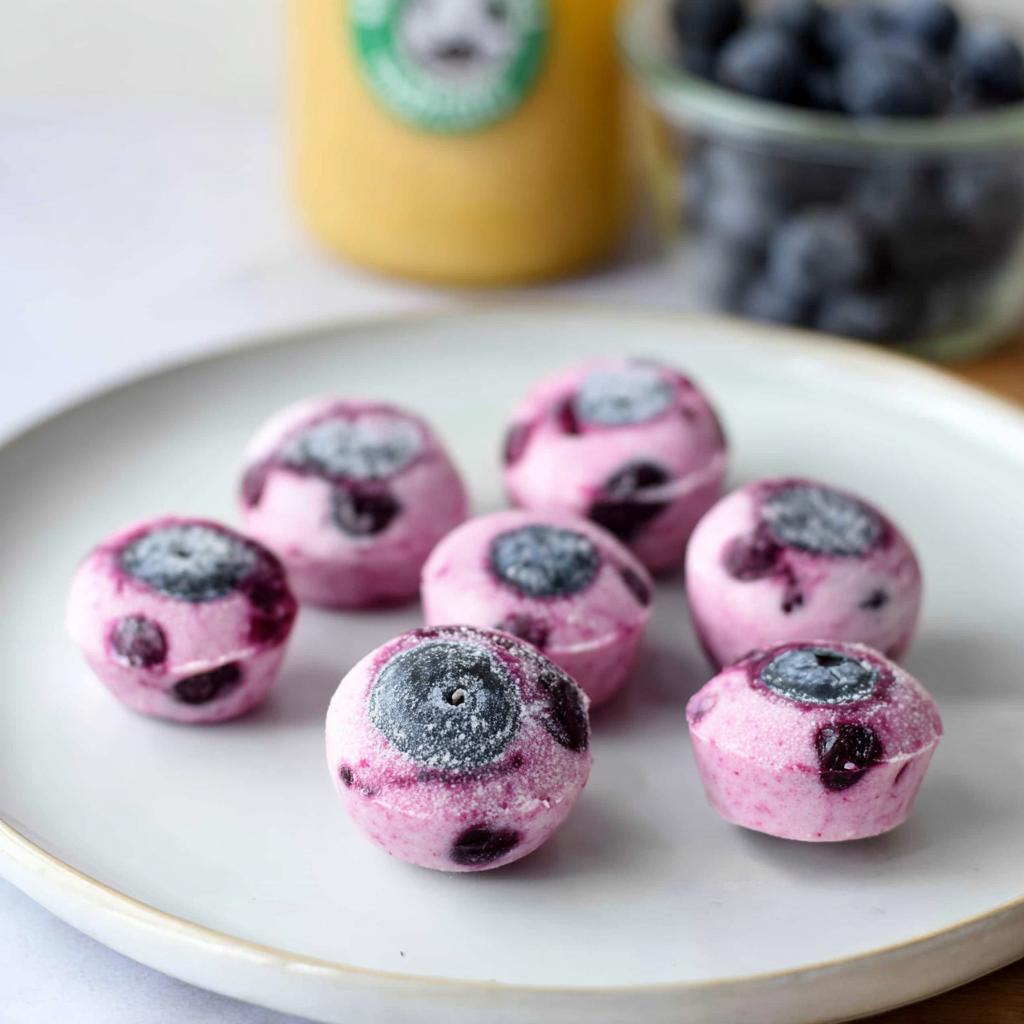 A plate of easy blueberry swirl yogurt bites, a healthy and colorful frozen snack.