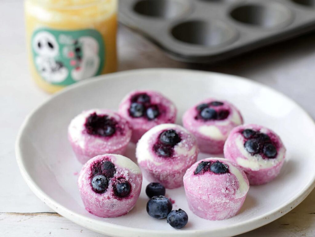 A plate of easy blueberry swirl yogurt bites topped with fresh blueberries.