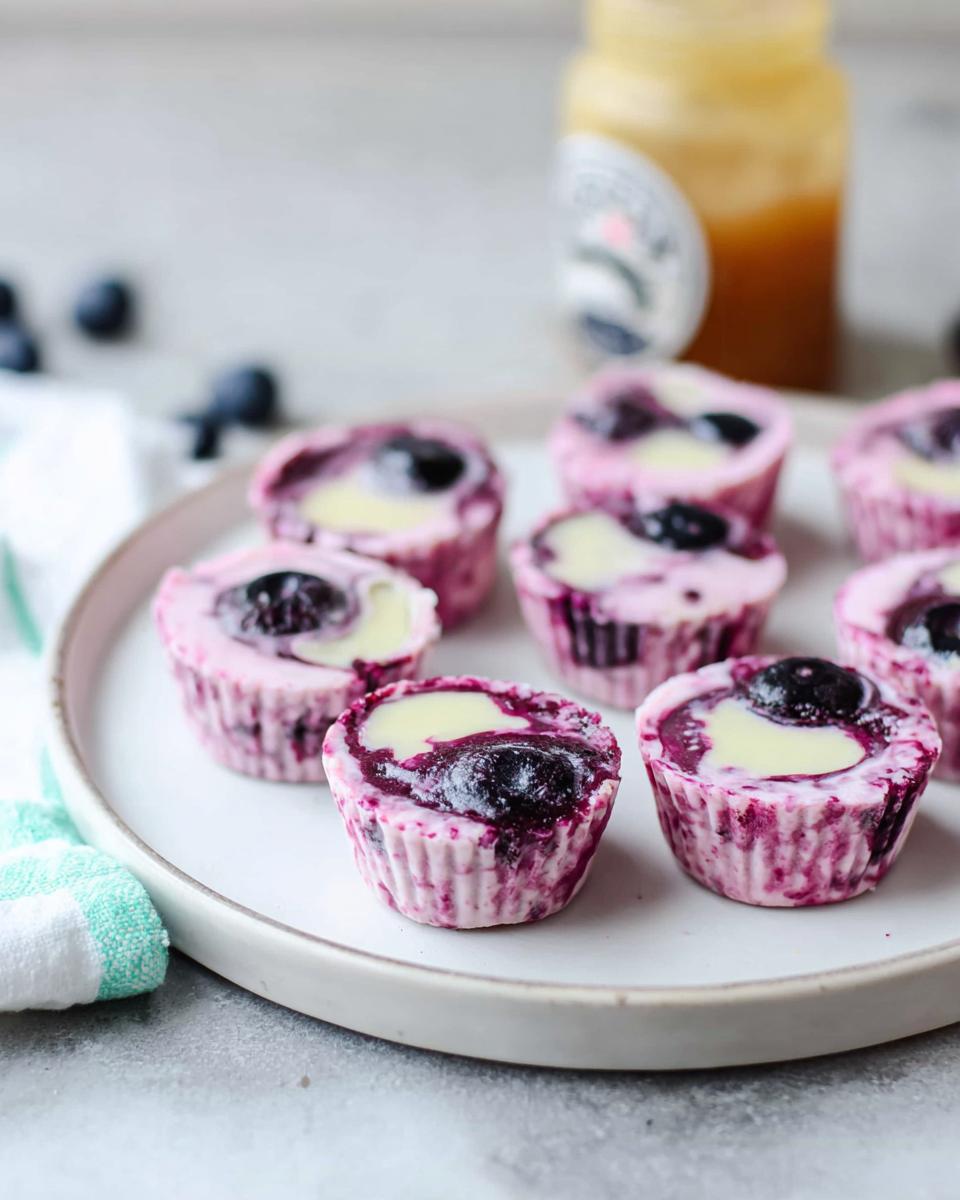 Close-up of Easy Blueberry Swirl Yogurt Bites on a white plate with a jar of honey in the background.