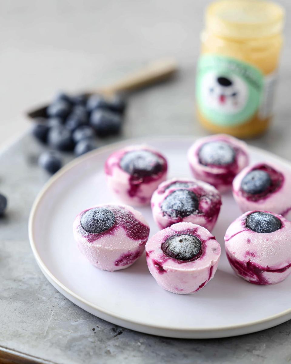 A plate of easy blueberry swirl yogurt bites, topped with fresh blueberries and a dusting of powdered sugar.
