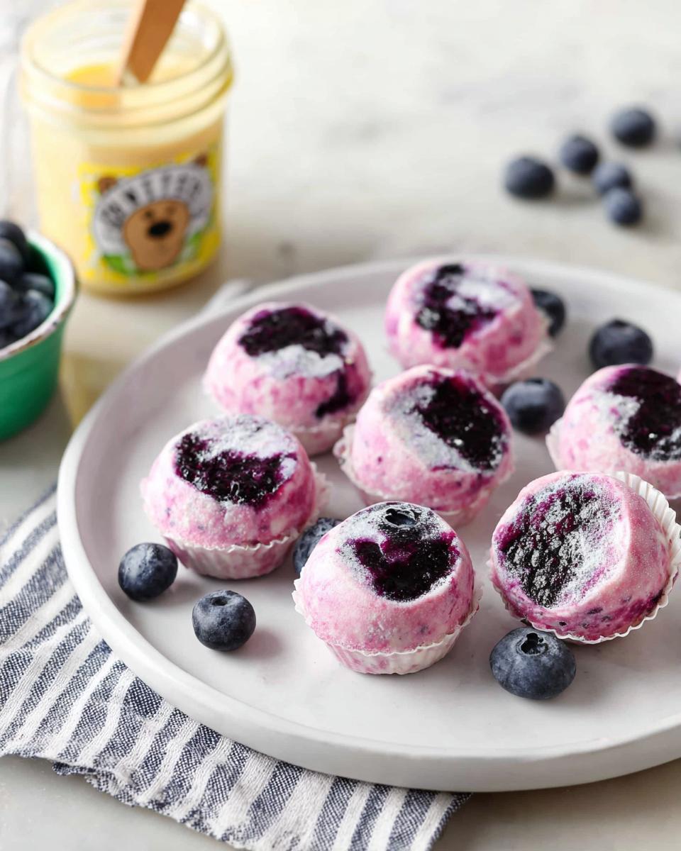 Plate of easy blueberry swirl yogurt bites topped with powdered sugar and fresh blueberries.