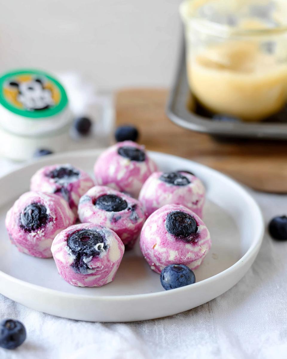A plate of Easy Blueberry Swirl Yogurt Bites with fresh blueberries on top and scattered around.